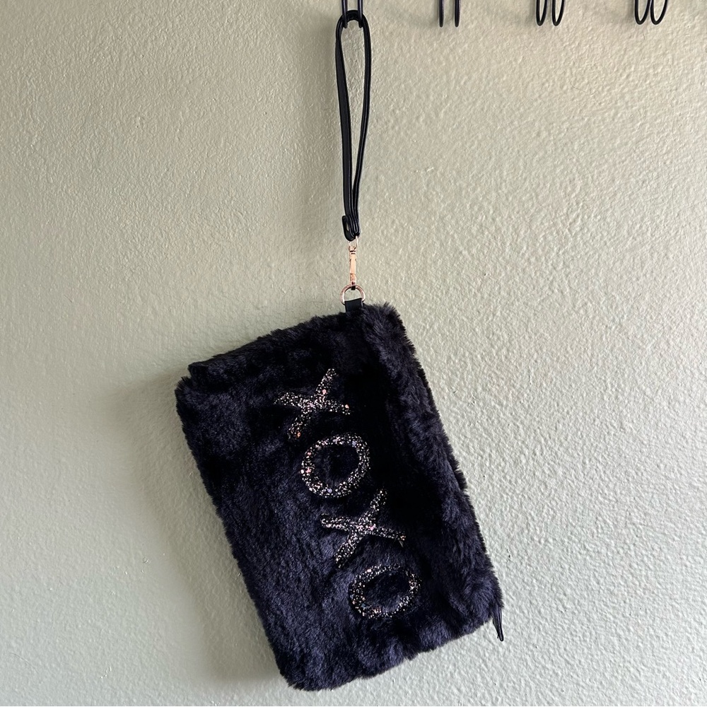 XOXO Black Fuzzy Wristlet
